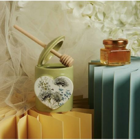 Portamiele con spargimiele verde con decoro florale con miele (cl26101m)