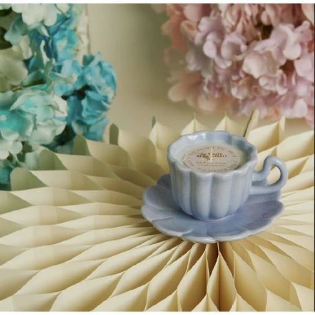 Candela in tazza con piattino in porcellana azzurra (cl26221)