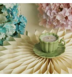 Candela in tazza con piattino in porcellana verde (cl26223)