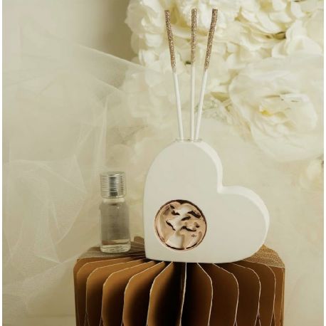 Diffusore cuore in gesso con applicazione mondo in oro rosa (cl26277)