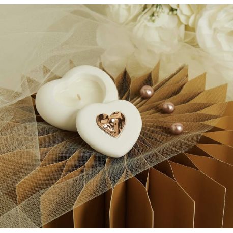 Scatolina cuore in gesso con candela con applicazione oro rosa (cl26291cand)