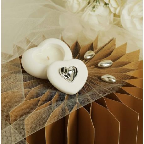 Scatolina cuore in gesso con candela con applicazione argento (cl26292cand)
