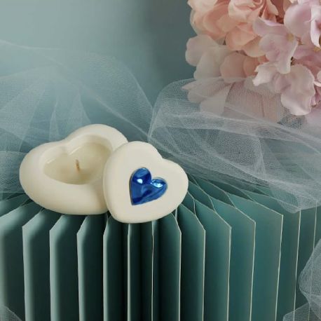 Scatolina cuore in gesso con candela con applicazione azzurra (cl26295cand)